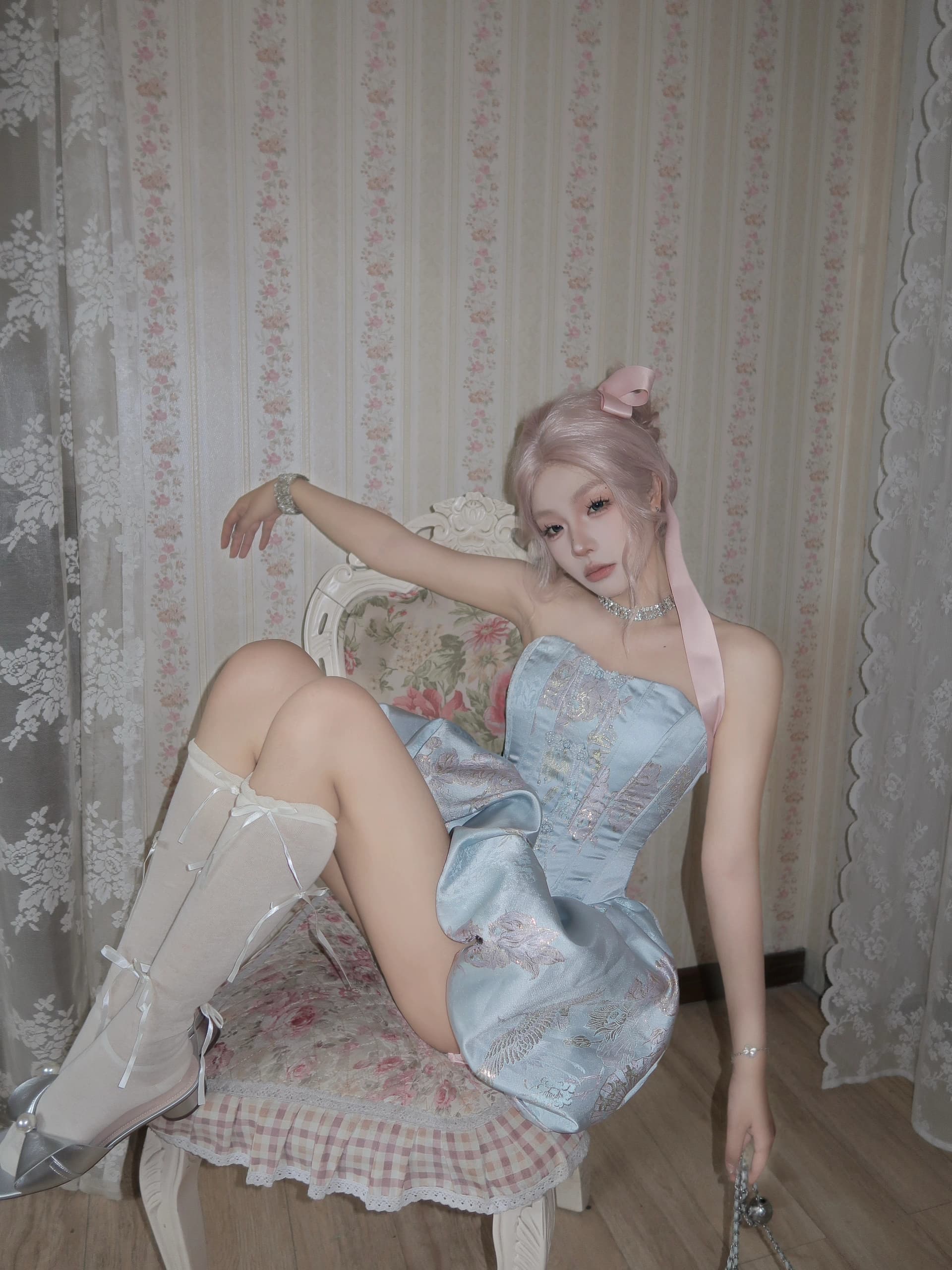 Dress Princess Jacquard Wanita | Mini Dress Korset Strapless dengan Pita Belakang | Dress Premium Elegan Vintage