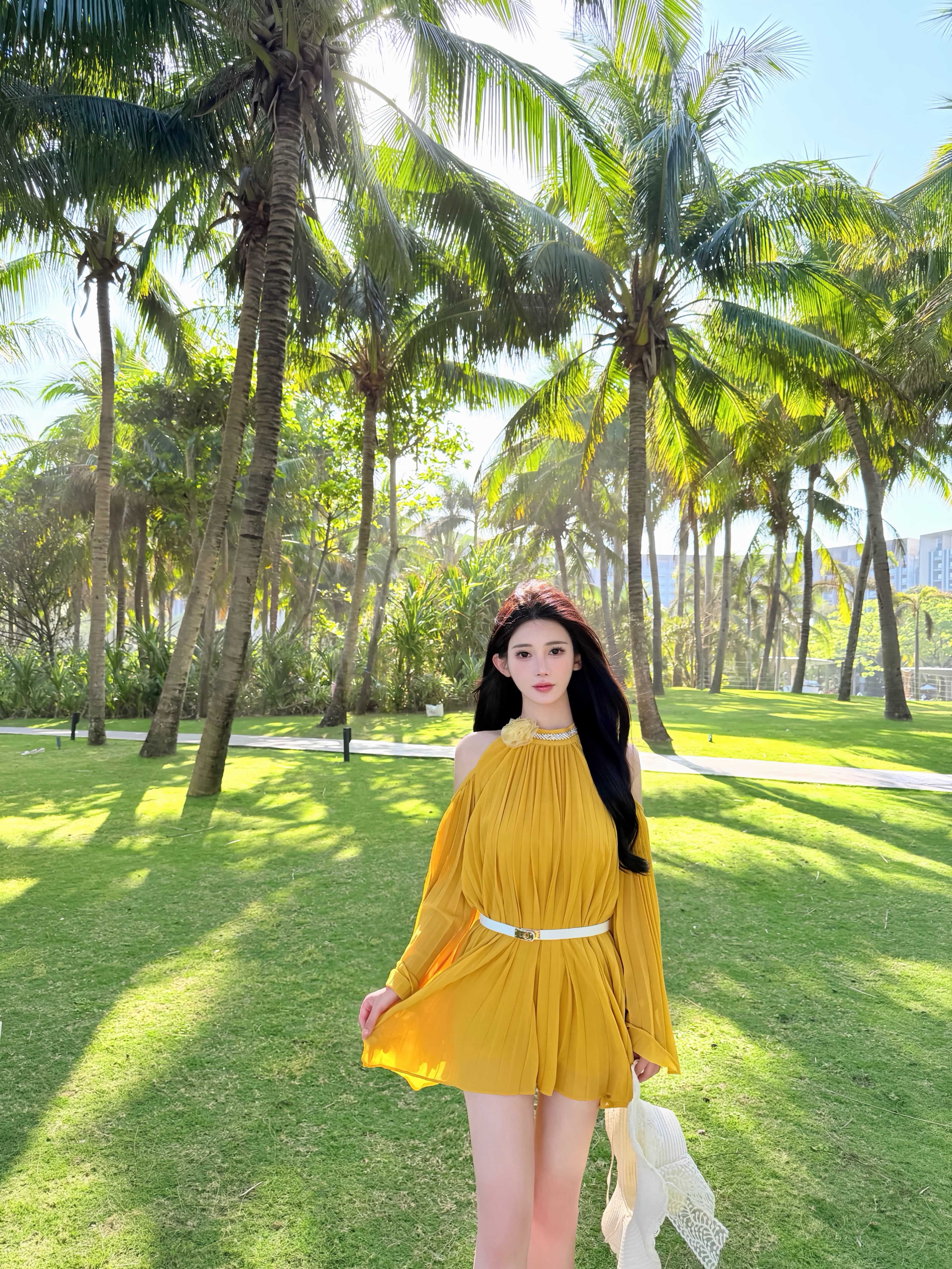 Dress Floral Kuning Wanita | Dress Off Shoulder Lengan Panjang Bell Sleeve | Mini Dress Chiffon Elegan Slim Fit