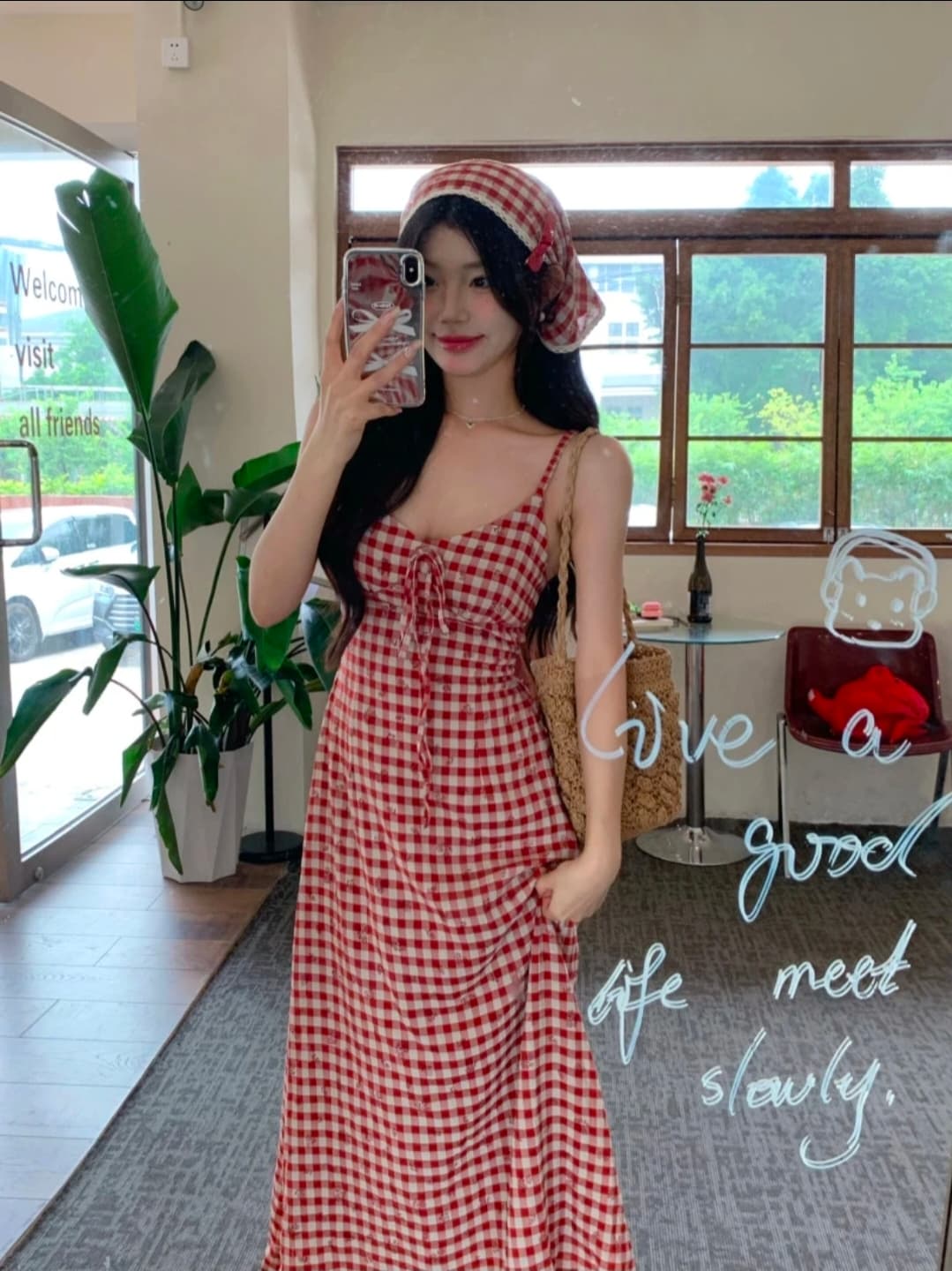 Dress Panjang Kotak-Kotak Merah Wanita | Dress Tali Backless French Style + Headscarf | Maxi Dress Liburan Elegan