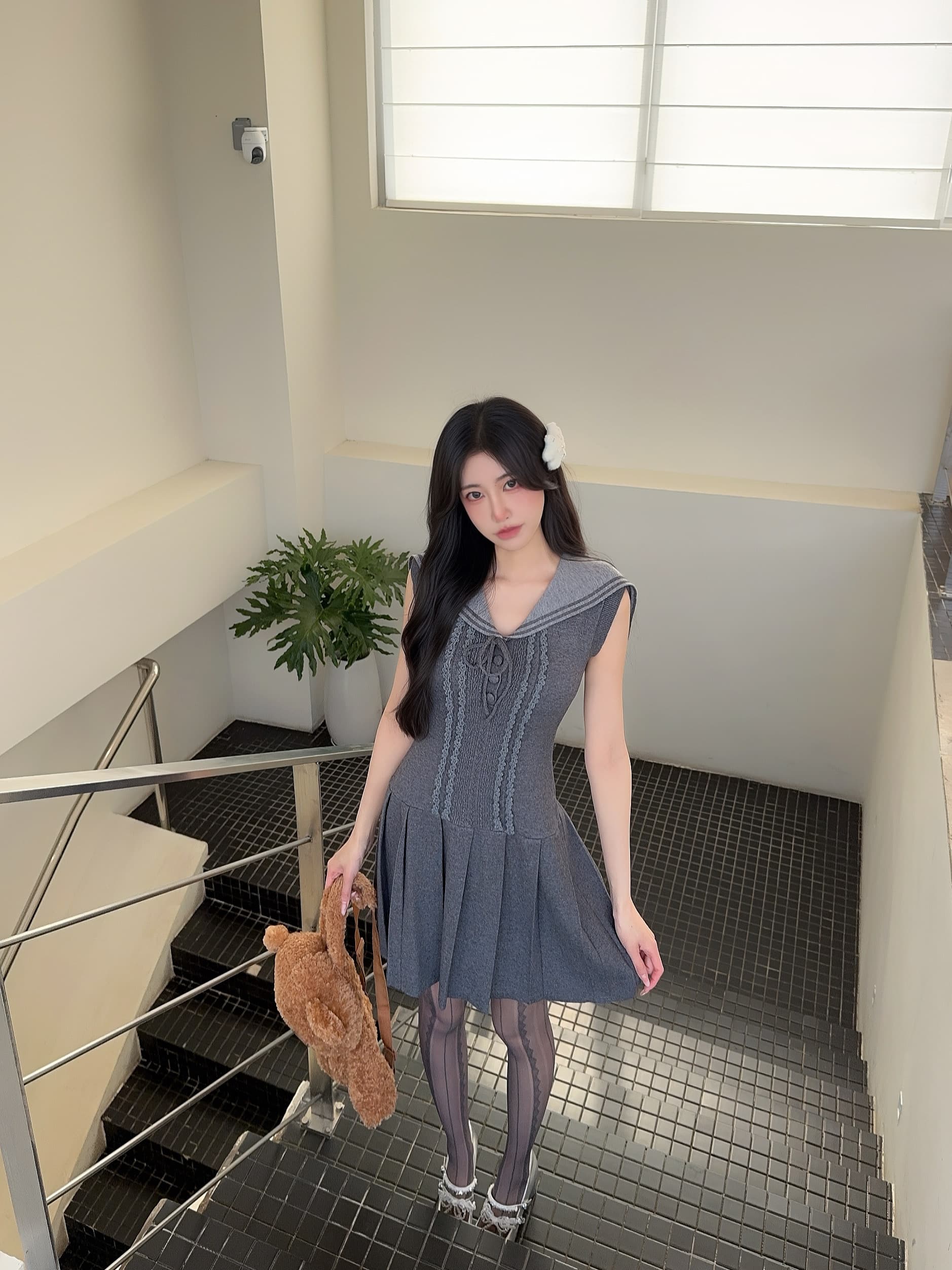 Dress Abu-Abu Pita Wanita Korean Style | Mini Dress Sweet School Look | Dress Feminim Elegan Kekinian