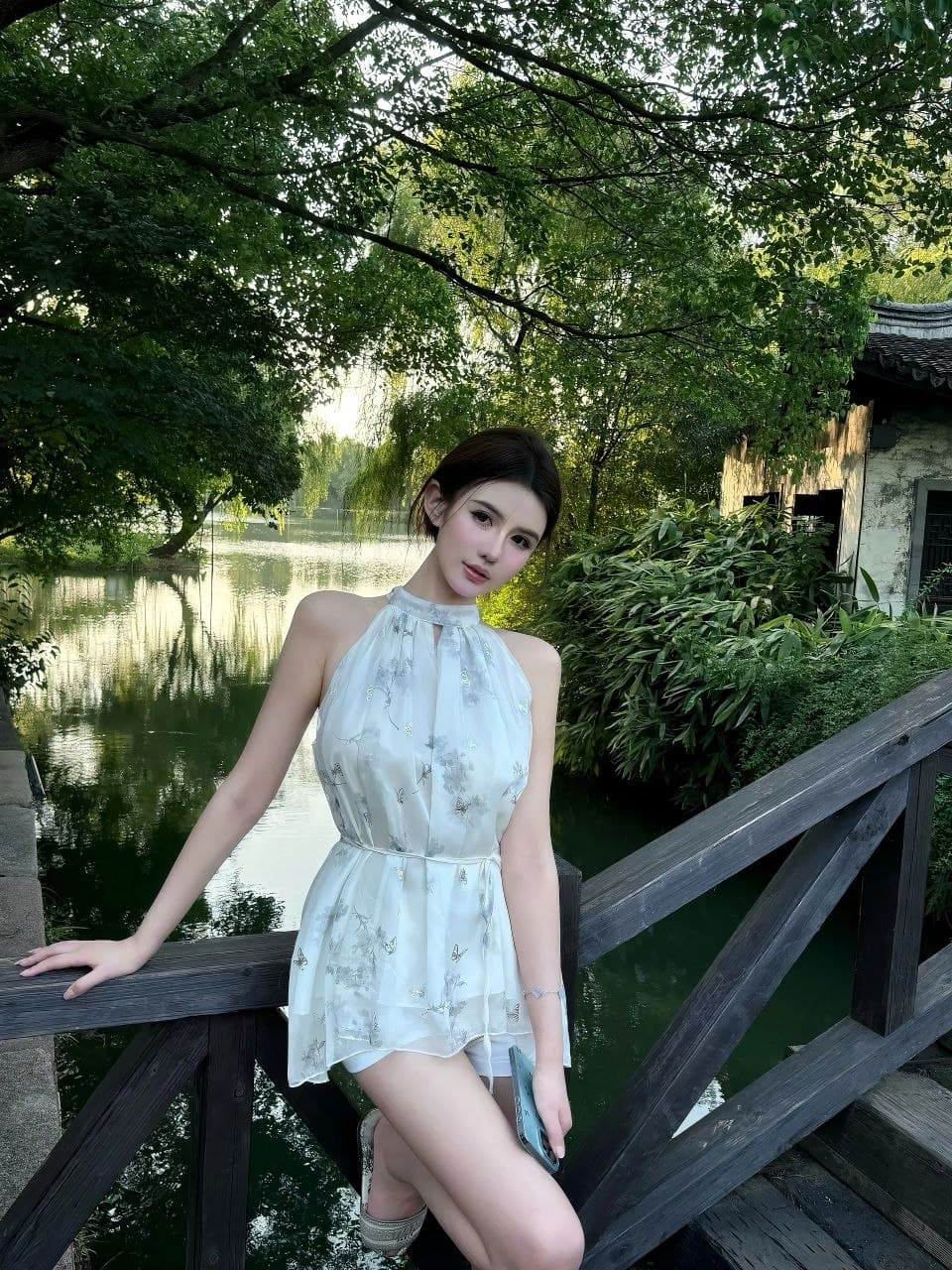 Dress A-Line New Chinese Style Wanita | Dress Halter Motif Kupu-Kupu Gold | Sleeveless Elegant Chic