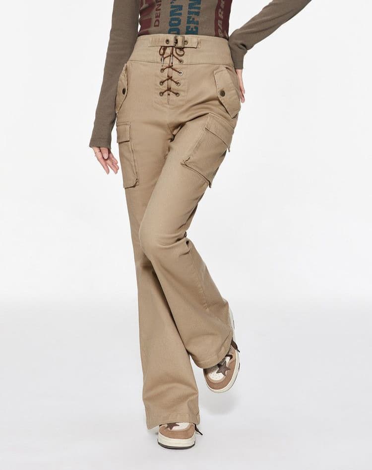 Celana Cargo Flare Wanita High Waist | Celana Slim Fit Tali Pinggang | Cargo Pants Korean Style Kekinian