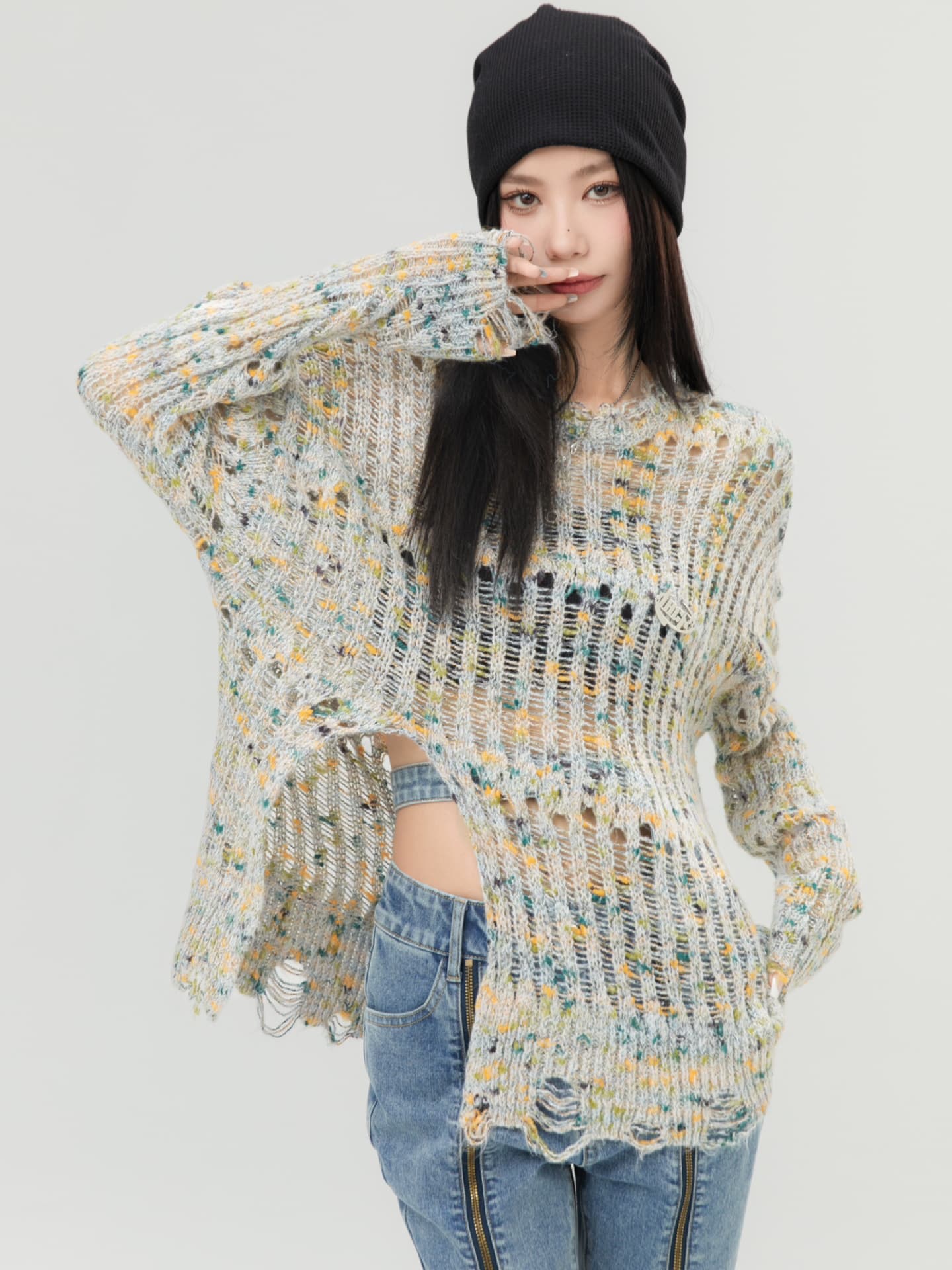 Sweater Rajut Wanita Oversize | Knit Top Cut Out Lengan Panjang | Sweater Korean Style Casual Chic